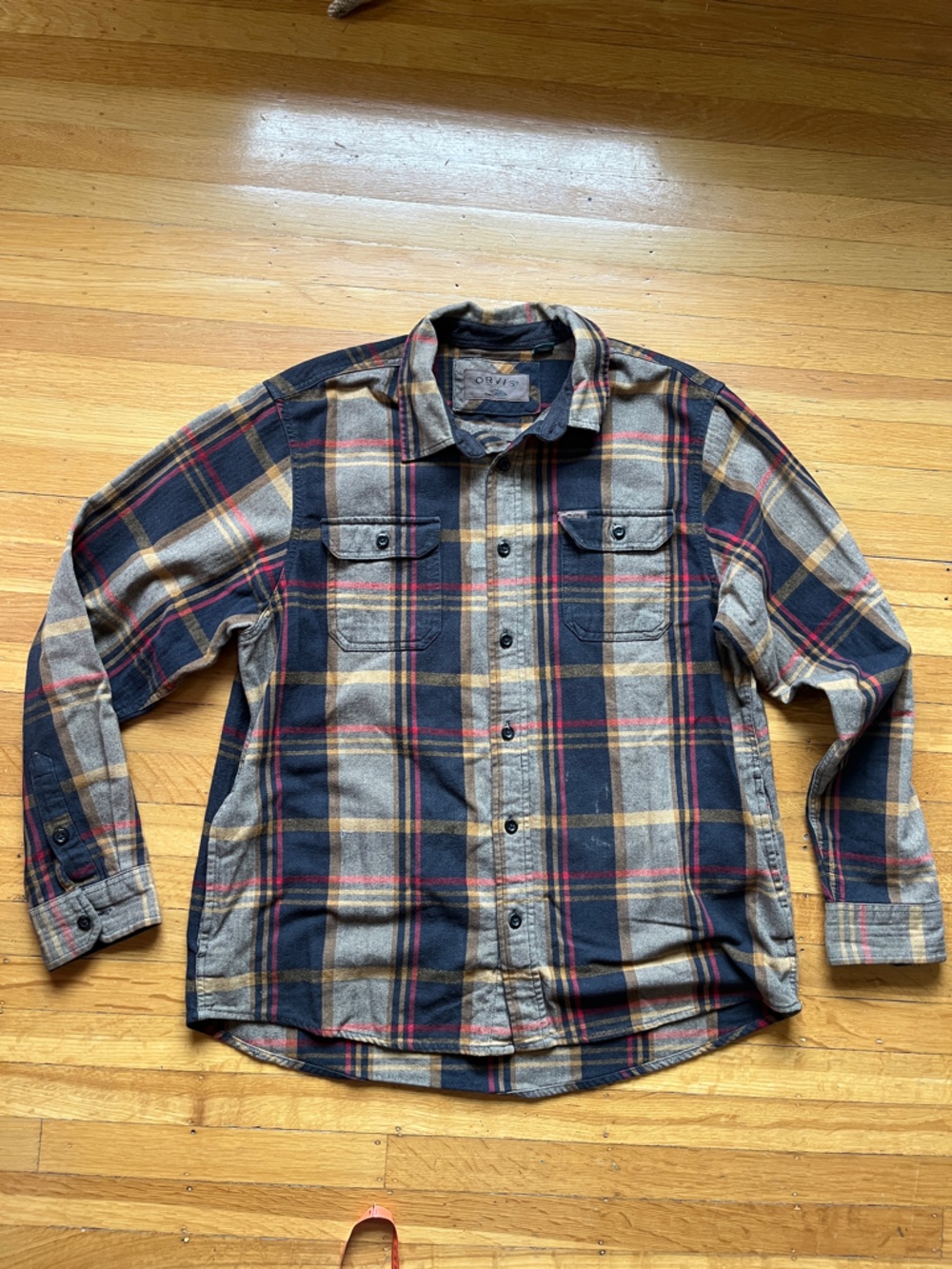 Orvis thick flannel shacket shirt button down plaid cabincore XL pockets! Blue